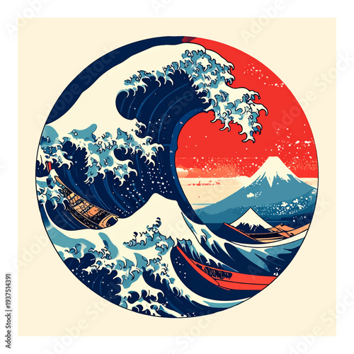 Stylized Wave and Mountain Landscape Illustration.