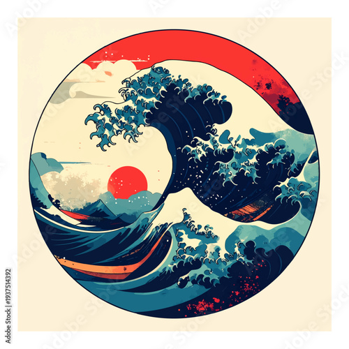 Stylized Wave Illustration with Red Sun.