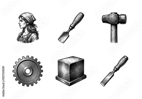 Vintage engraving style collection of industrial and craft icons featuring a female worker, wood chisels, mallet, gear, and stone block.