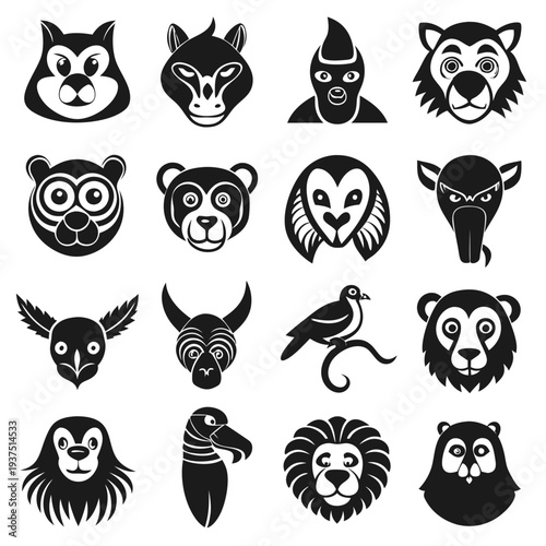 Black and White Animal Head Icons Graphic Design Collection