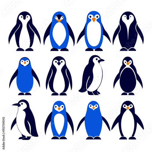 Collection of twelve penguin icons, flat style on white