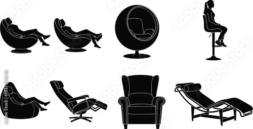Collection of modern furniture silhouettes featuring ergonomic lounge chairs, reclining armchairs, ball chairs, bar stools, and comfortable seating for interior design.