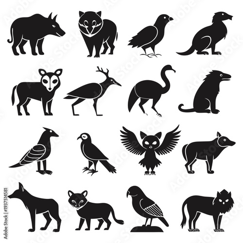 Collection of animal icons in simple black and white style