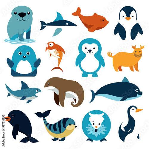 Collection of stylized sea animals in flat design style