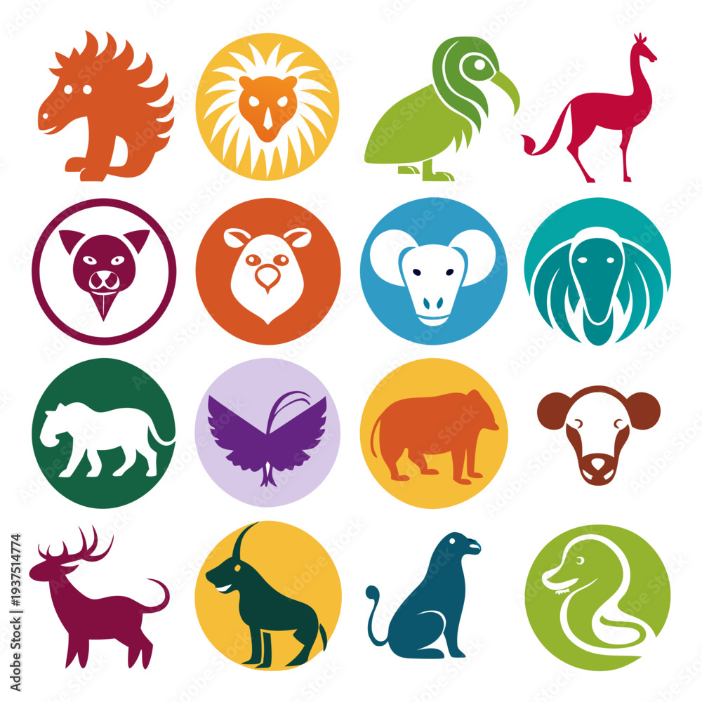 Obraz premium Collection of Animal Icons in Colorful Circular Designs