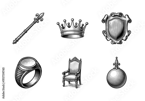 Collection of royal regalia and heraldic symbols featuring a crown, scepter, orb, throne, signet ring, and shield in vintage woodcut engraving style.