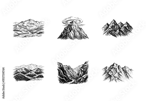 Set of hand drawn mountain landscapes and peaks in vintage engraving style featuring ridges, valleys, and river paths for outdoors design.