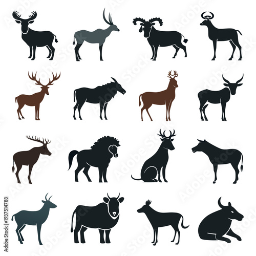 Collection of various stylized animal silhouettes on a white background