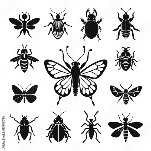 Collection of diverse black insect silhouettes on white background