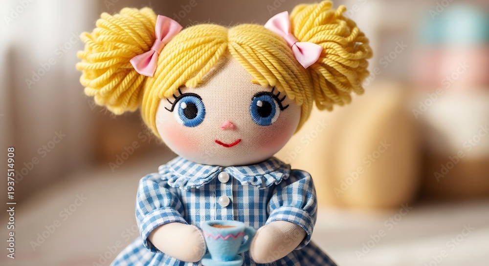 Fototapeta premium A close-up shot of a smiling doll with blonde hair in pigtails and blue eyes wearing a blue and white checkered dress holding a cup against a blurred background with warm tones.