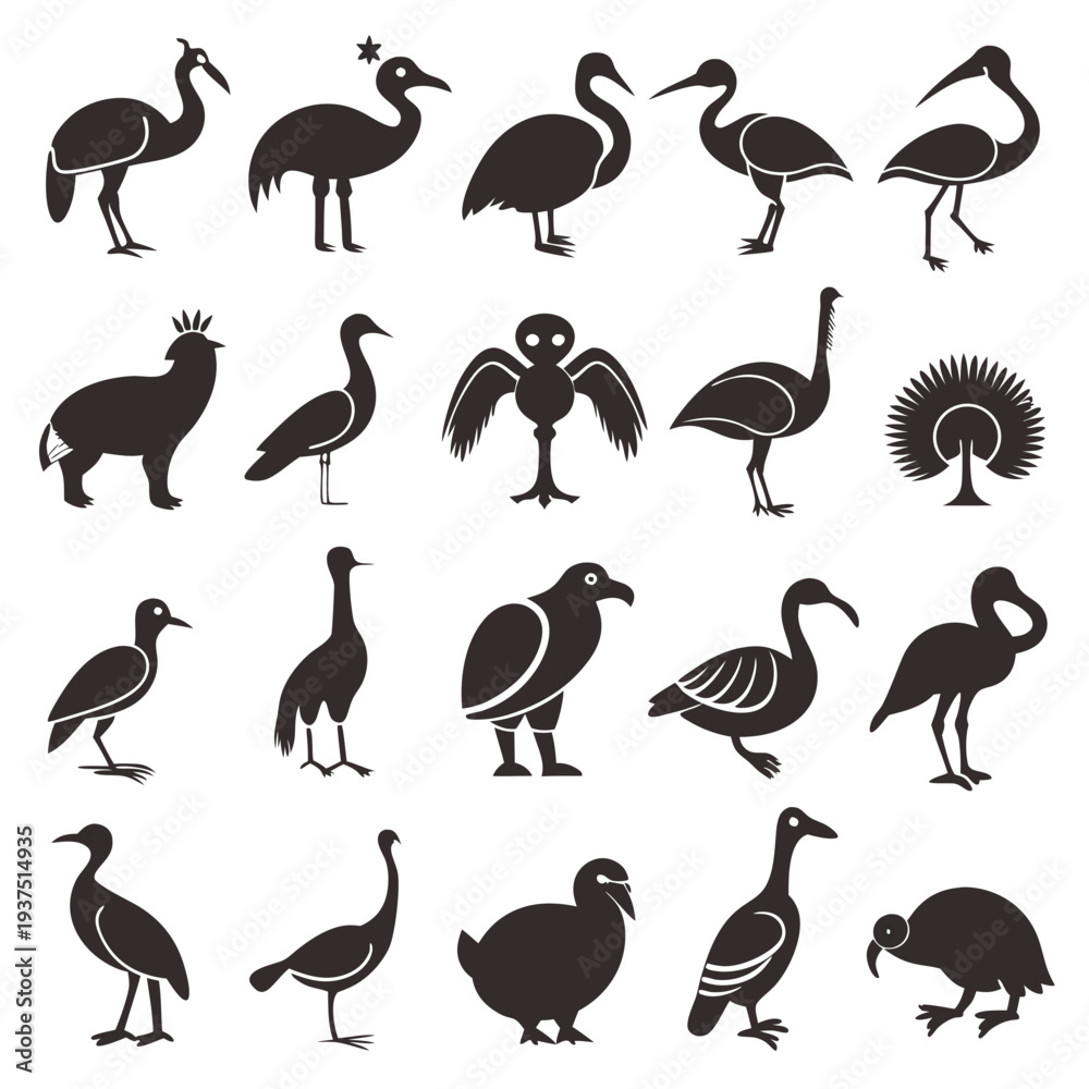 Obraz premium Silhouette Illustration of Various Bird Species on a White Background