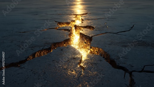 Cracked concrete surface with golden light emerging from inside, metaphor for economic recovery