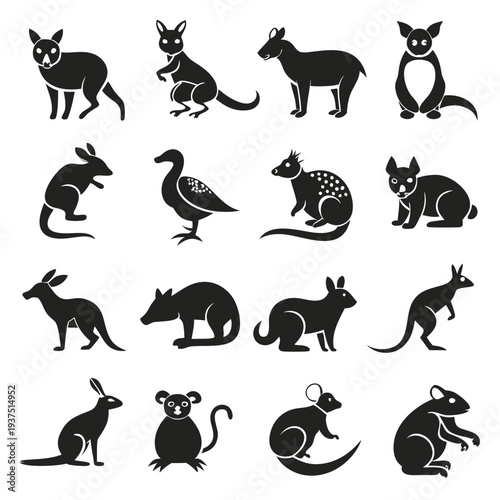 Australian animals in vector black silhouettes