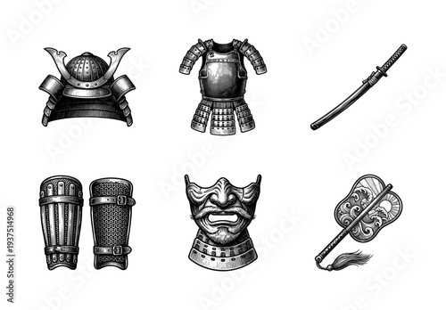 Vintage engraving style collection of traditional japanese samurai warrior equipment including helmet armor mask sword and ceremonial fan