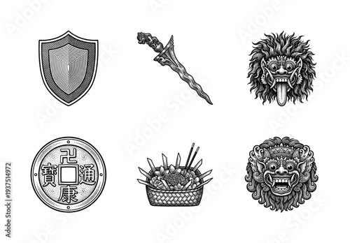 Traditional Balinese cultural icons and mystical symbols set in detailed black and white woodcut engraving style