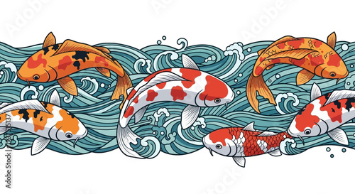 Koi Fish Swimming in Wavy Water Seamless Border