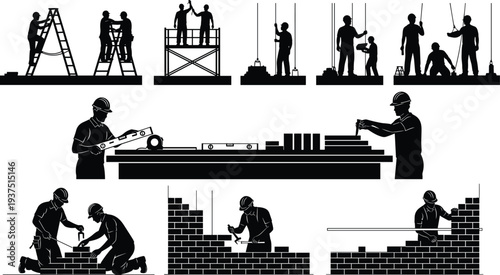 Construction Worker Silhouette Vector Set Featuring Masonry Bricklaying Scaffolding and Manual Labor for Industrial Building Development and Skilled Trade Design Projects