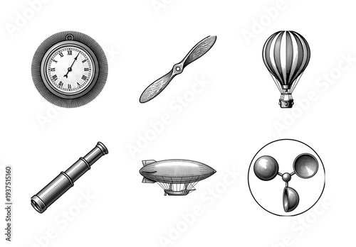 Vintage steampunk aviation and navigation collection featuring engraved illustrations of airships, hot air balloons, and scientific instruments