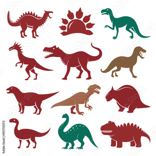 Collection of vintage dinosaur silhouettes in various colors and shapes