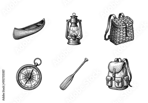 Vintage engraving style collection of outdoor camping and rowing equipment featuring canoe, lantern, compass, and backpacks on white background