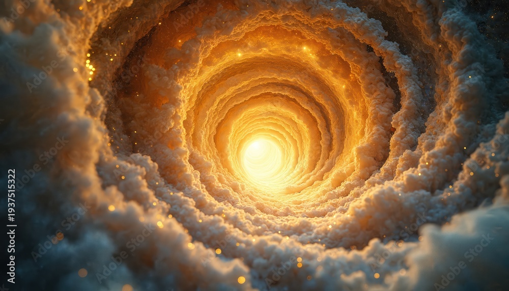 Fototapeta premium Golden tunnel vortex with sparkling lights. Abstract swirling clouds lead to bright glowing center. Represents spiritual journey cosmic creation or meditation.