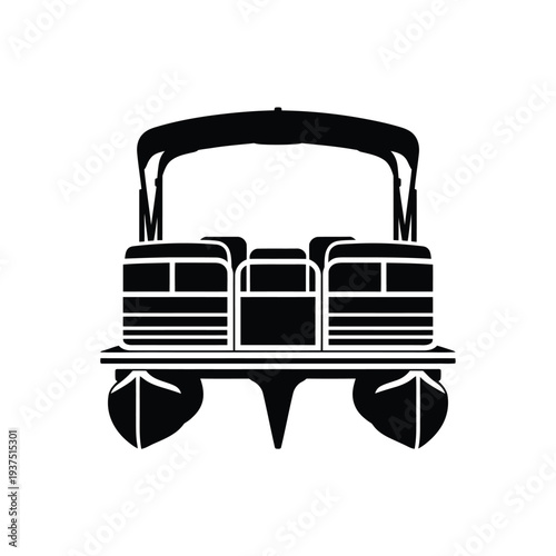 Black silhouette of a pontoon boat on a white background