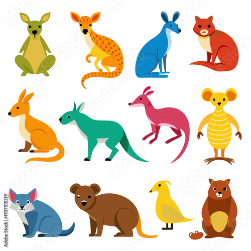 Cartoon Australian Animals Illustration Set in Various Bright Colors