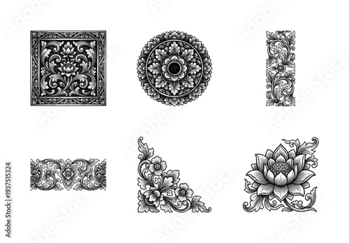 Set of black and white floral ornaments featuring traditional Balinese wood carving patterns and lotus flower motifs in a hand drawn engraving style