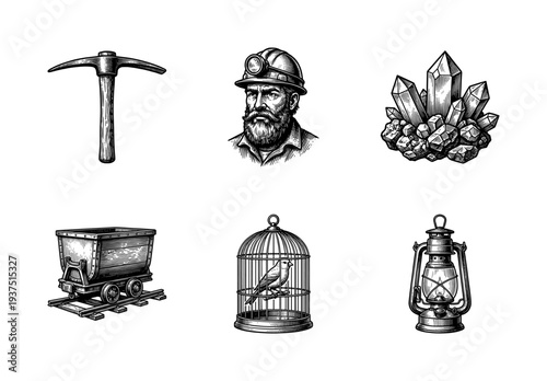 Vintage engraving style mining industry collection featuring a bearded miner, pickaxe, crystals, mine cart, canary in a cage, and lantern.