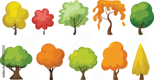 Autumn Trees Outline Icon Collection  Maple, Oak, and Birch in Park