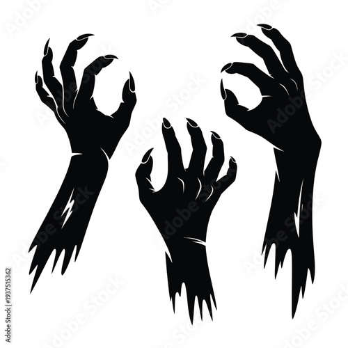 Three black silhouette hands with long sharp claws reaching out