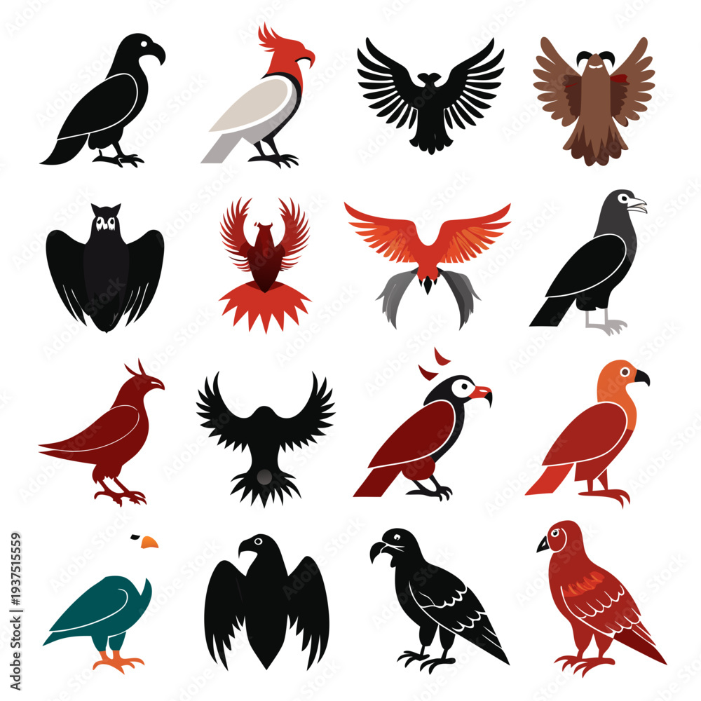 Obraz premium Set of sixteen various bird vector graphic designs