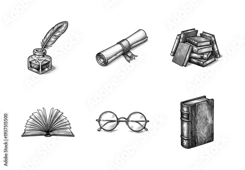 Set of vintage literature and academic icons featuring hand drawn etching style books, inkwell, quill, scroll, and spectacles