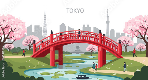 Tokyo bridge cherry blossoms park cityscape