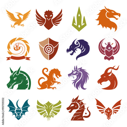 Sixteen fantasy creature icons on a white background collection