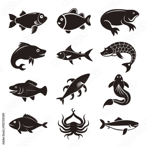Black and white graphic collection of aquatic animals