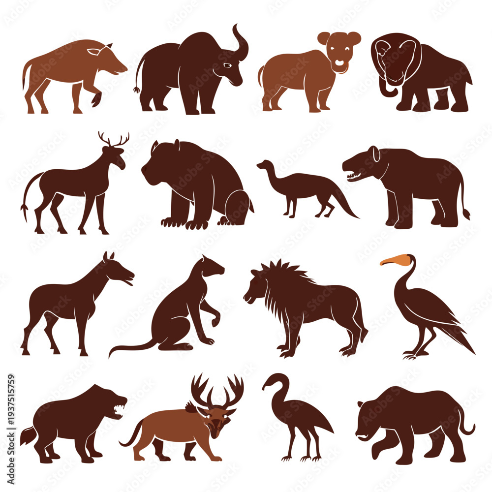 Obraz premium Diverse animal silhouettes in earth tones on white background