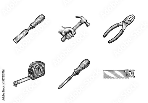 Vintage engraving style hand tools collection featuring a chisel hammer pliers tape measure screwdriver and hand saw on white
