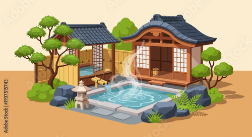 Japanese Onsen Hot Spring Pixel Art