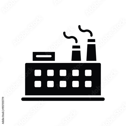 Simple black silhouette illustration of a factory with smoking chimneys
