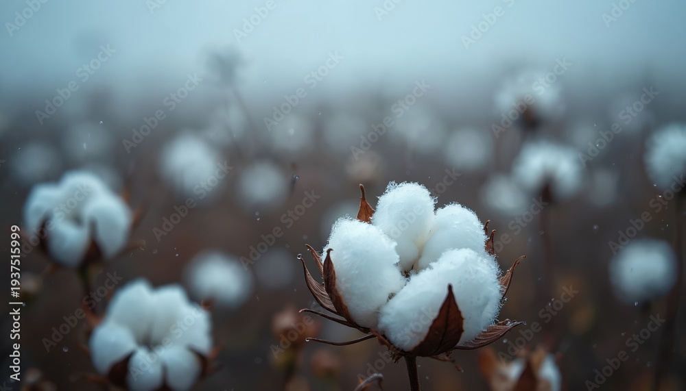 Fototapeta premium Cotton plant bloom covered in water droplets rests in field. Soft morning mist or rain falls on fluffy white fiber. Agriculture background with blurred plants in soft focus.