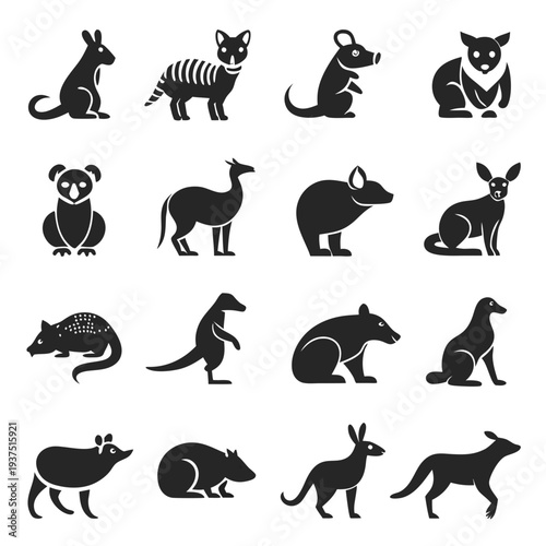 Australian native animals in vector silhouette icons collection set