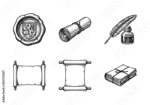 Set of vintage medieval stationery and correspondence elements featuring wax seal, inkwell with quill, and various parchment scrolls in woodcut engraving style.