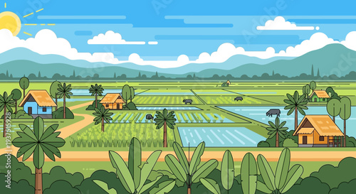 Rural Asian Rice Paddy Landscape with Houses