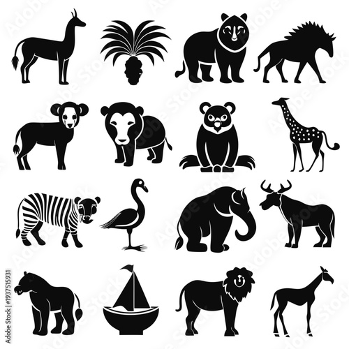 Various animals and plants in black vector icons set