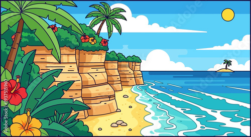 Tropical Beach Cliff Paradise Pixel Art