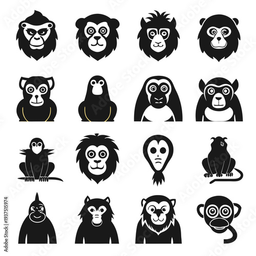 Collection of black and white monkey illustration vector icons