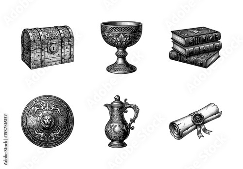 Set of vintage medieval fantasy artifacts including chest goblet books shield pitcher and scroll in woodcut engraving style