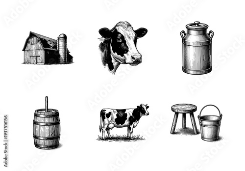 Vintage dairy farm illustration set featuring holstein cows, rustic barn, milk canister, wooden butter churn, and milking stool in black and white woodcut style.