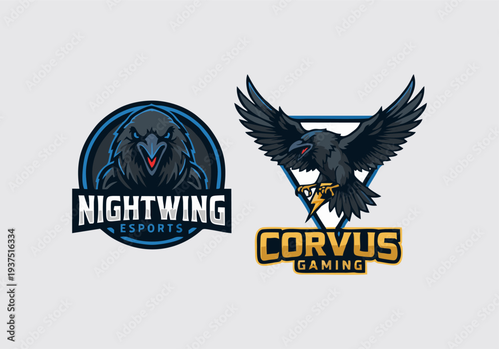 Fototapeta premium Fierce Raven and Crow Esport Mascot Logo Set: Nightwing and Corvus Gaming